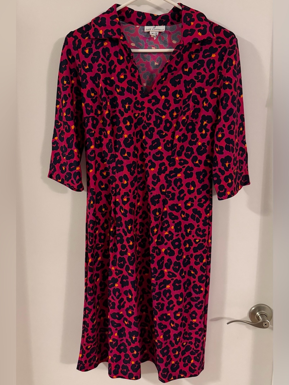 Jude Connally Hot Pink Leopard Print Shirt Dress with Black and Orange Accents